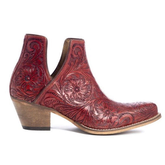 🌶️🔥Scarlet red Hand Tooled Genuine Leather Women Bootie Boot Boho Western Shoe - Picture 3 of 16